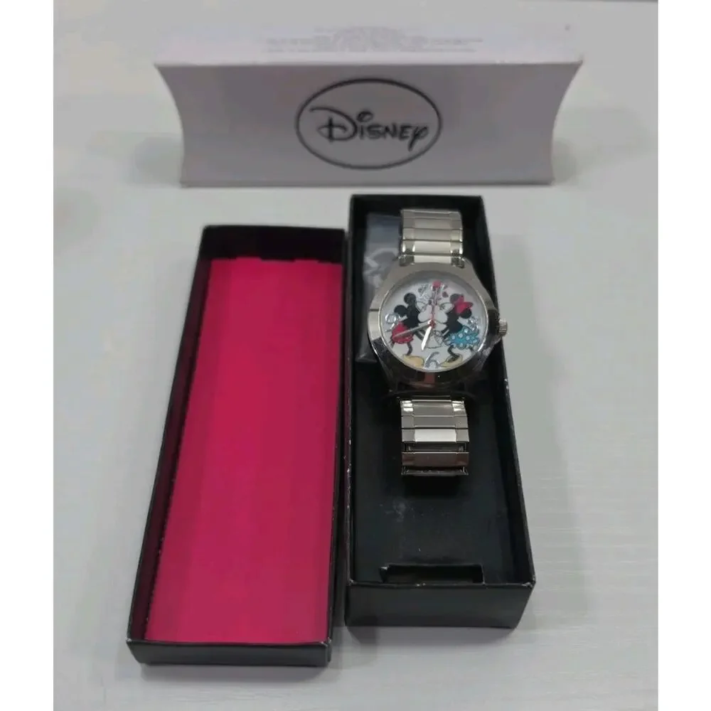 Disney Mickey & Minnie Mouse Kissing Silver Tone Stretch Band Watch New Battery